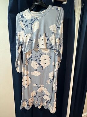 Powder Blue Floral Long-Sleeve Nursing Dress